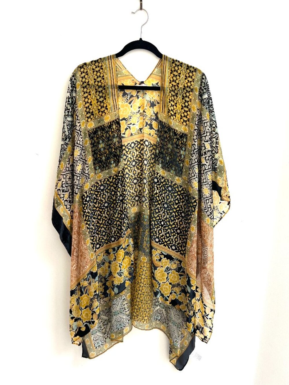 Free People Mixed Patchwork Floral Velvet Trim Duster Kimono One Size